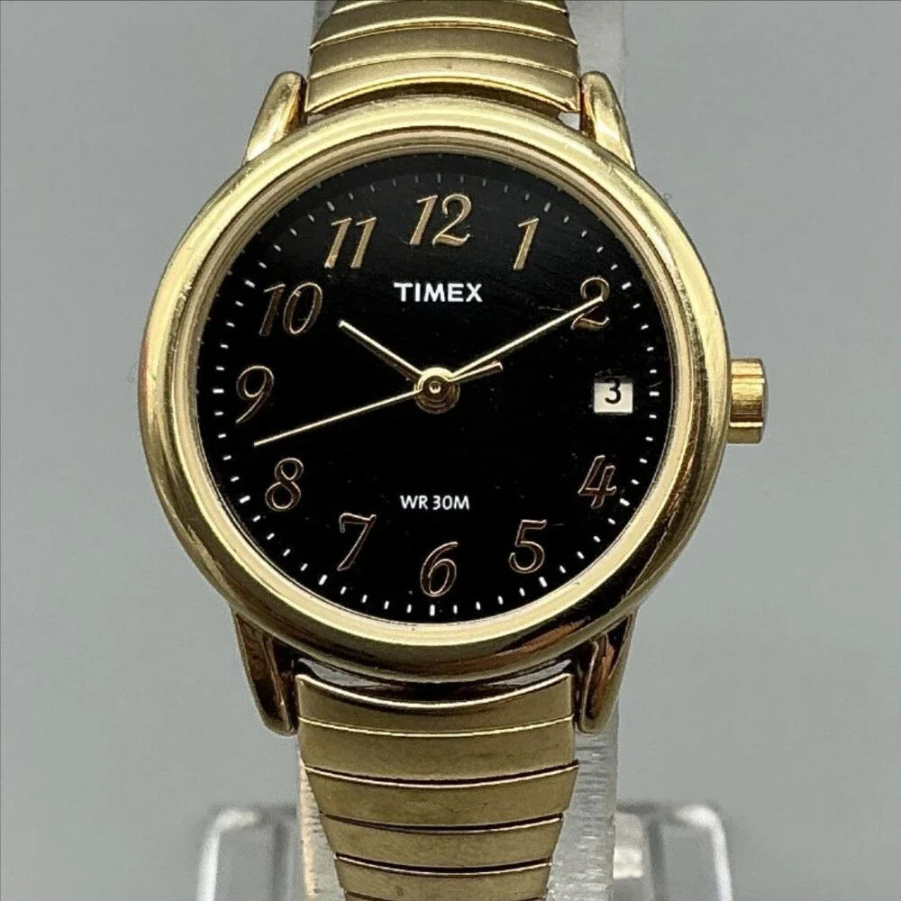 Timex Womens Watch 25mm Black Dial Gold Tone Expansion Date New Battery